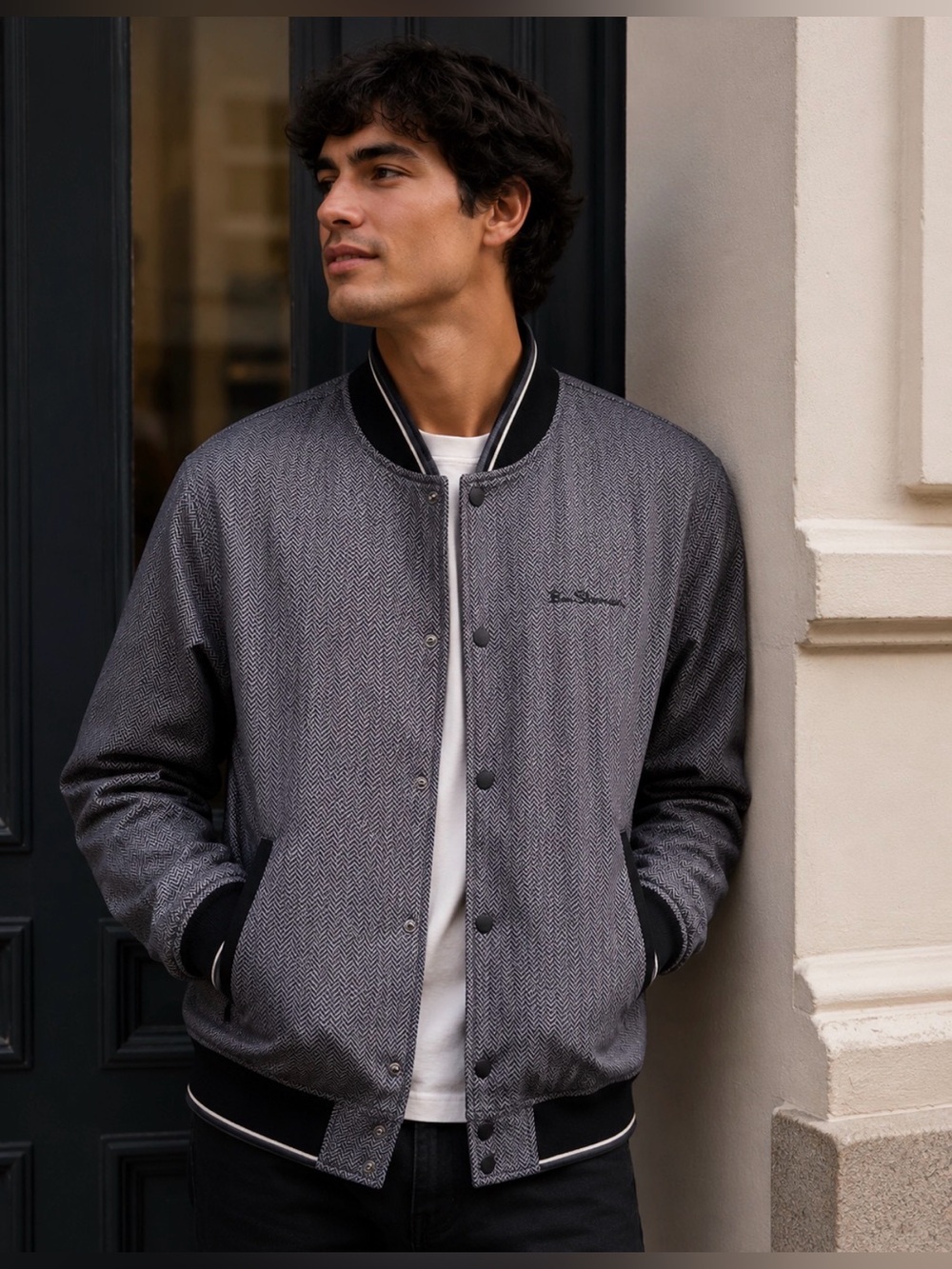 Ben Sherman Original Herringbone Bomber Jacket Gray Black Snap Front Mod Medium